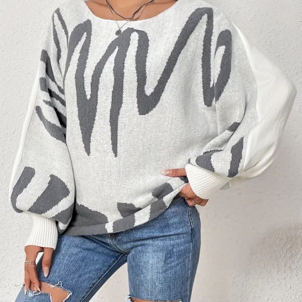 Boat Neck Pullover Sweater Graphic Pattern Elegant Lantern Sleeve Oversized